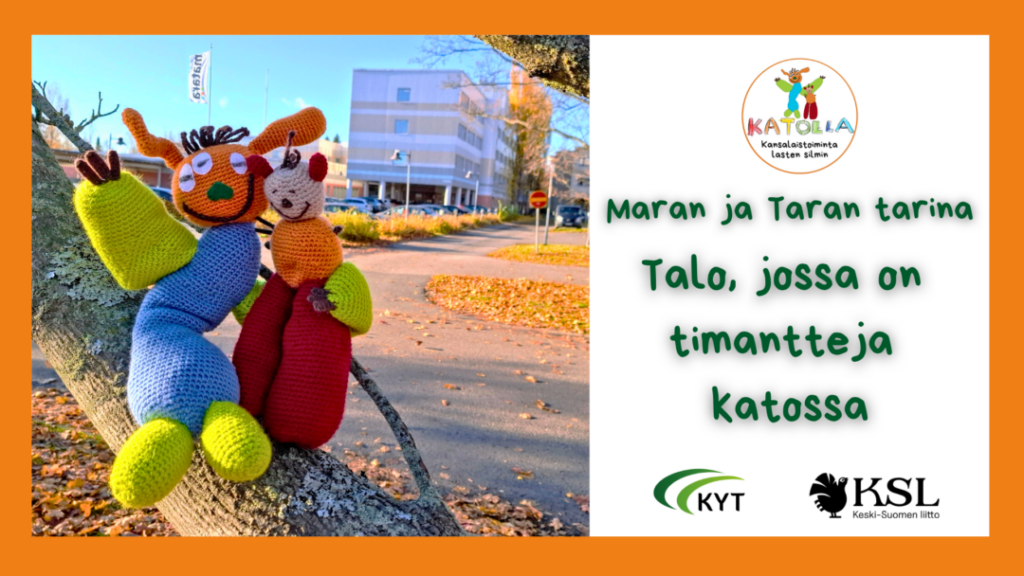 Kuva, jossa kaksi virkattua hahmoa istuu puussa. Teksti Maran ja Taran tarina - Talo, jossa on timantteja katossa.
